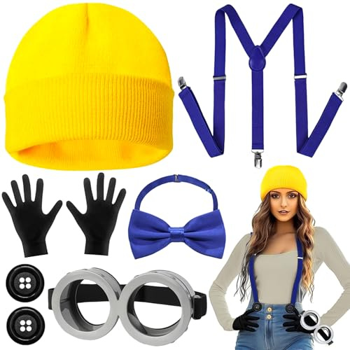 BARAKYEG Karneval Kostüm Cosplay Kostüm Zubehör Set,8PC Gelbes Kleidung Set,Fasching Kostüm,Damen Erwachsene,Karnevalskostüm für Party Cosplay,Strickmütze Brille,Hosenträger Handschuhe