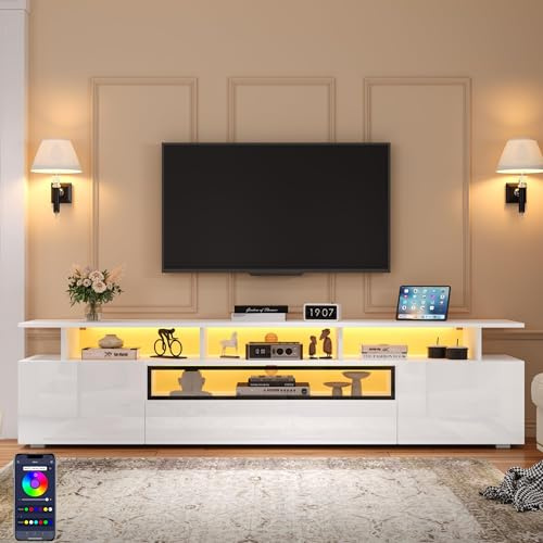 Meuble TV Support 180x38x45 cm, Console Télé Moderne avec Éclairage LED, TV Meuble téléviseur avec 10 Espaces de Rangement, Meuble pour télévision avec 2 Portes et 1 Tiroir, jusqu'à 75 Pouces