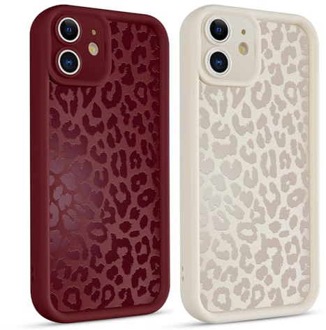 Kueqeay 2 Stück Handyhülle für iPhone 12 hülle 6,1, Aesthetic Leopard Leo Mädchen Muster Design Schutzhülle Rot Weiß Silikon weiblich Cute Case Stoßfest Kameraschutz Bumper Cover