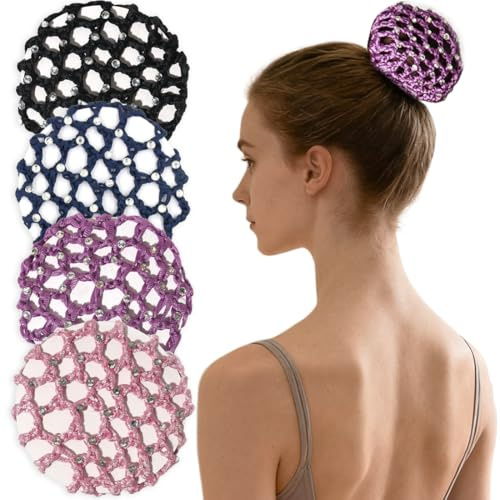 EJRUP 4-Bündel des Duttnetz,Haarnetze Frisuren,Duttnetz mit Kristall,Bun Frisurenhilfe Stoff Knotennetz,Ballet Hair Net,für Gymnastik Rhythmische Sportgymnastik Ballett Eiskunstlauf(Stil 1)