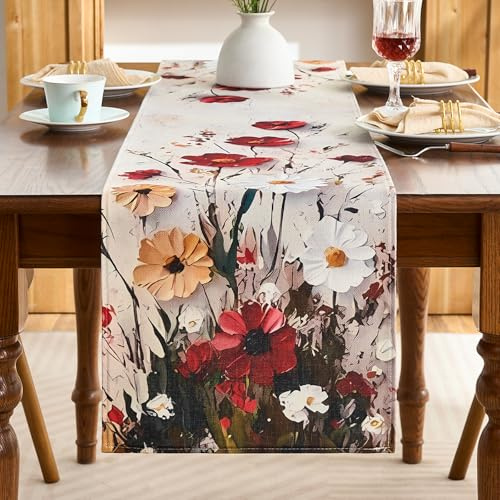 Tischläufer Deko Landhausstil mit Bunte Blumen 40x100cm, Tischdecke Modern aus Baumwoll-Leinen-Stoff, Tischband Frühlings Floral und Grün Blättern, Kurz Tisch Läufer für Landhaus Esszimmer Tischdeko