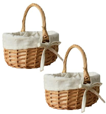 QIUhhpuy 2pcs Panier Paques Enfant Paniers Fête De Pâques Panier à Fleurs en Osier et Rotin Paniers De Rangement Tissé avec Poignées Paniers De Paques pour Oeuf, Fruits, Fleurs