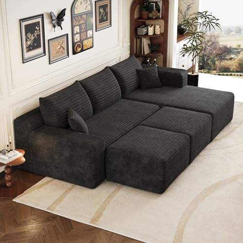 FammyLoft Modulares Boneless 5-Sitzer Schlafsofa, Ecksofa mit Schlaffunktion, Big Cloud Couch 241cm, L-Form Sofa Bed, Compressed Sofa, für Wohnzimmer/Jugendzimmer, Corduroy, Schwarz(Rechter Sessel)