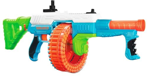 BuzzBee Air Warriors Alpha Auto 72 - Vollautomatischer Trommelblaster mit 72 Long-Distance-Darts und Pop-Up Visier