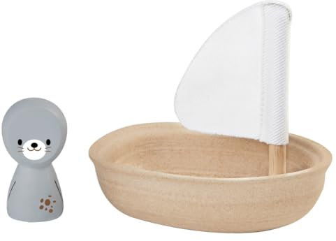 PlanToys Segelboot Robbe - Badewannenspielzeug - Wasserspielzeug Kinder - Badespielzeug Baby ab 1 Jahr - Set mit Segelboot und abnehmbarer Robbe