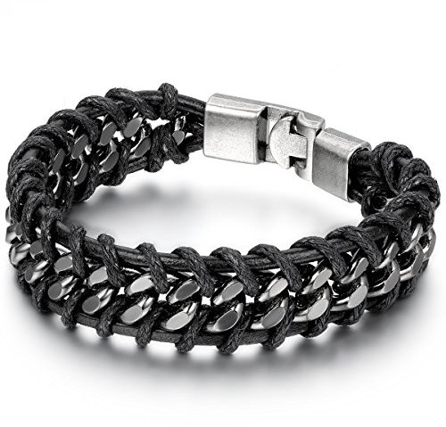 JewelryWe Schmuck Herren Armband, Breit Einzigartig Geflochten Biker Armreif, Leder Echtleder Legierung Seil, Schwarz Silber