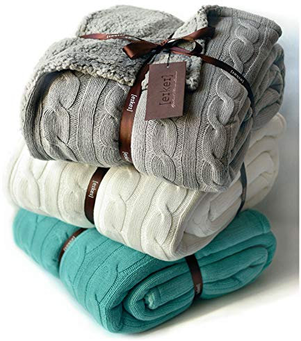 Kabel Knit Sherpa Übergroße Überwurf Wendedecke Faux Schaffell gefüttert Cozy Baumwolle Blend Pullover afghanischen in grau weiß oder türkis blau, baumwolle, grau, 50Wx70L