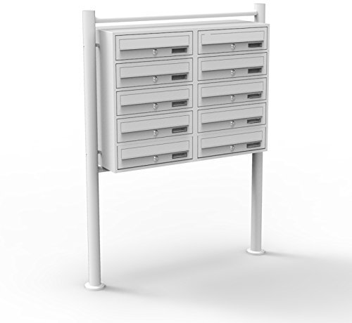 Wiltec 10er Briefkastenanlage weiß 270 x 898 x 1500 mm, Standbriefkasten mit 2x5 Fächern, Schlüssel und Namensschild, Briefkasten Postkasten mit Ständer