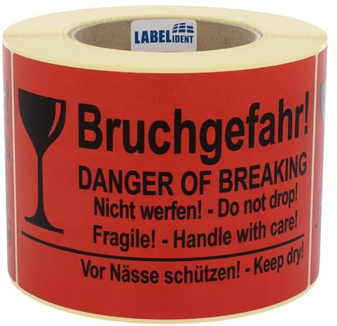 Warnetiketten 150 x 100 mm - Paket Aufkleber Bruchgefahr! Danger of Breaking - Nicht werfen! Do not drop - 500 Versandaufkleber auf 1 Rolle(n), Papier selbstklebend
