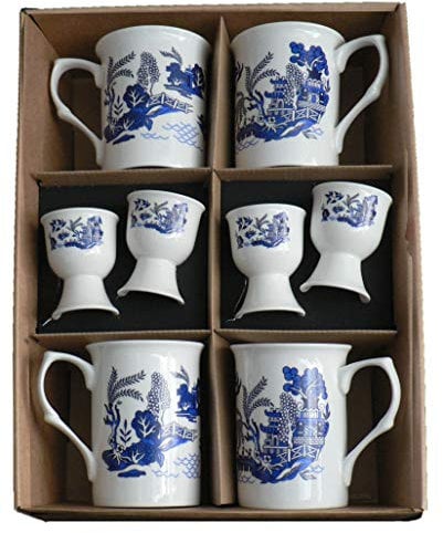 Blue Willow Pattern Bone China Mugs with Matching Egg Cups - Set of 4 Gift Boxed 10oz China Mugs & 4 eggcups Each Decorated with Blue Willow Pattern