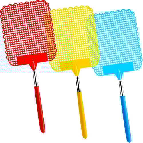 3 Piezas de Matamoscas Extensible Grande, Control de Moscas Manual con Mango Extensible Duradero Flexible Fuerte, Ligero y Calidad Buena (Multicolor A)