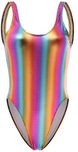 Damen Retro 80er/90er Jahre Metallic Glänzend Gymnastik Rückenfrei Hoher Beinausschnitt Tanzkleidung Bodysuit Einteiler Bademode Badeanzüge, Regenbogen, 2-4