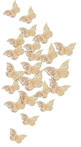 FiveSeasonStuff 24pcs 3D Champagne Gold Mirror Hollow Butterfly Wall Stickers