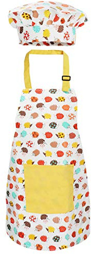Jennice House Kids Apron and Chef Hat Set, Cute Children Baking Aprons for Boys and girls Cooking Artists Painting Gardening Aprons (Yellow Hedgehog, Large)