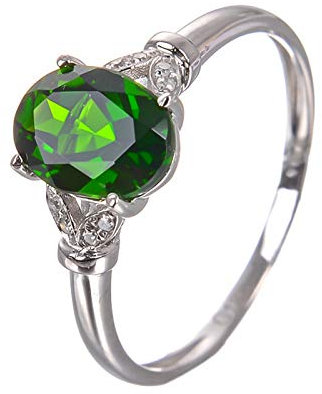 KnBoB Damen Blatt Ovalschliff Chromdiopsid Ringe 18K Weißgold Größe 57 (18.1)
