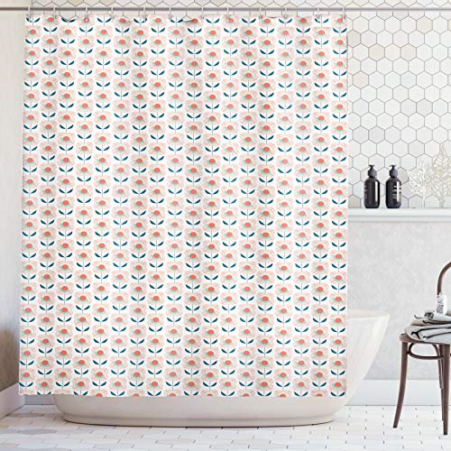 ABAKUHAUS 1970 Duschvorhang, Retro Scandinavian Flowers, Stoffliches Gewebe Badezimmerdekorationsset mit Haken, 175 x 200 cm, Orange Pfirsich