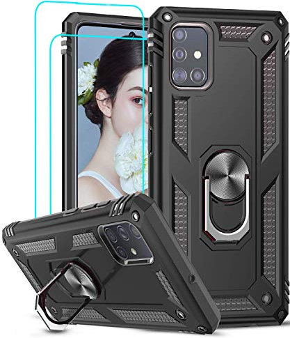 LeYi Coque pour Samsung Galaxy A51 4G avec [2 Pièces] Verre Trempé Anneau Support, Double Couche Renforcée Défense Bumper TPU Silicone Antichoc Armure Protection Housse Etui Samsung A51 Noir