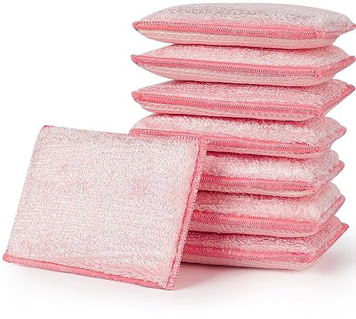 JEBBLAS Esponjas absorbentes naturales de bambú, esponjas de limpieza de cocina, reutilizables, esponjas para lavar platos, color rosa (paquete de 8)