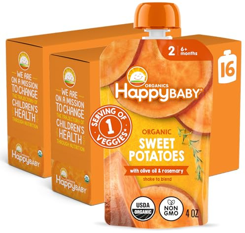 Happy Baby Organics Savory Blends Stage 2 Baby Food, Sweet Potatoes with Olive Oil + Rosemary, 4 Ounce Pouch (Pack of 16)