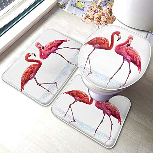 AOYEGO Flamingo-Badematte mit tropischen Vögeln, Flamingos, steht im Fluss, See, Wasser mit rosa Federn, langen Beinen, Badezimmerteppich-Set, 3-teilig, WC-Deckelbezug, rutschfeste Matte