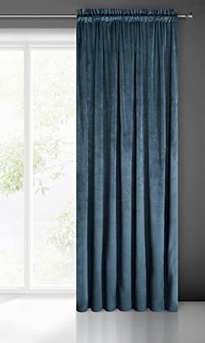 Eurofirany Pierre Samt Vorhang mit Kräuselband -1 STK. Velvet Einfarbig Gardine 200g/m², Samtvorhang für Wohnzimmer Schlafzimmer, 140x300 cm, Marineblau