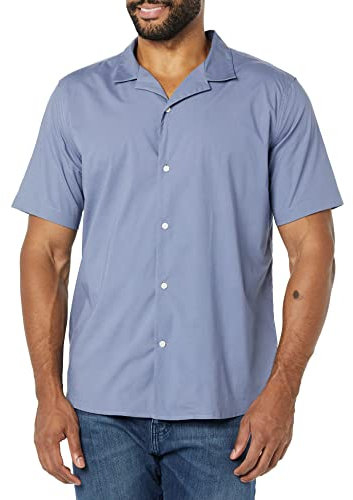 Amazon Essentials Men's Vacation Cotton Resort Shirt, Slim-Fit Short Sleeve, Washed Blue, L