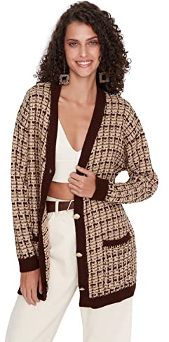 Trendyol Cardigan Oversize à Carreaux avec col en V Sweater, Marron, S Femme
