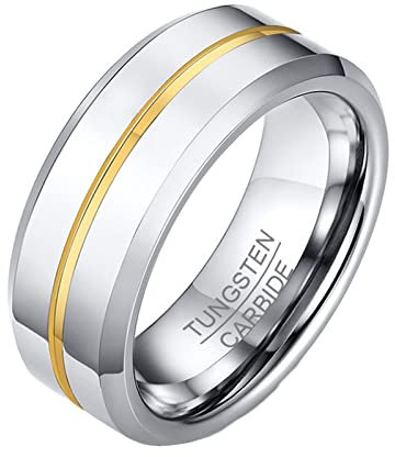 Homxi Wolfram Ringe Herren,Rund mit Linie 8MM Ringe für Herren Gold Silber Ring Herren Große 60 (19.1)