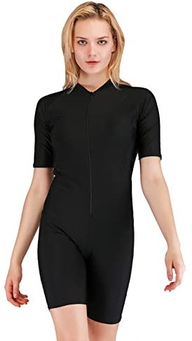 FYMNSI Damen Einteiler Badeanzug Rashguard Surfanzug mit Bein Reißverschluss UPF 50+ Bademode Surfen Schwimmanzug Neoprenanzug Gebaut in BH Bauchweg Sportlich Sonnenschutz Badebekleidung Schwarz XXL