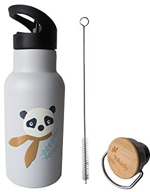 kikadu Trinkflasche Panda Silber Grau - Kindergeschirr, BPA-frei, mit niedlichen Aufdrucken, Fassungsvermögen 350 ml