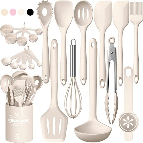 Umite Chef Silikon-Küchenutensilien-Set, hitzebeständig, Küchenutensilien, Spatel, Löffel, Schneebesen, spülmaschinenfest, Gadgets, Werkzeug-Set für antihaftbeschichtetes Kochgeschirr (Khaki)