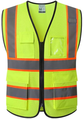 Ekkosafety Reflective Mesh Safety Vest for Men Women with 5 Pockets and Zipper Front High Visibility Mesh Vest Hi Vis Construction Work Vest,Meets ANSI/ISEA Standards(EK175-Yellow-L)