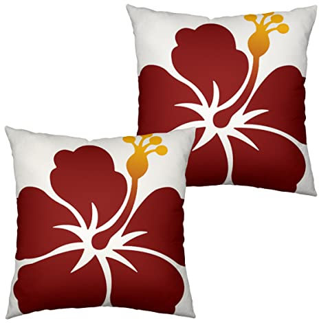 Kwlegh Set di 2 federe per cuscini con fiori rossi e fiori di ibisco, decorazione estiva hawaiana per divano, divano, pianta tropicale, lino, quadrate, 56 x 56 cm