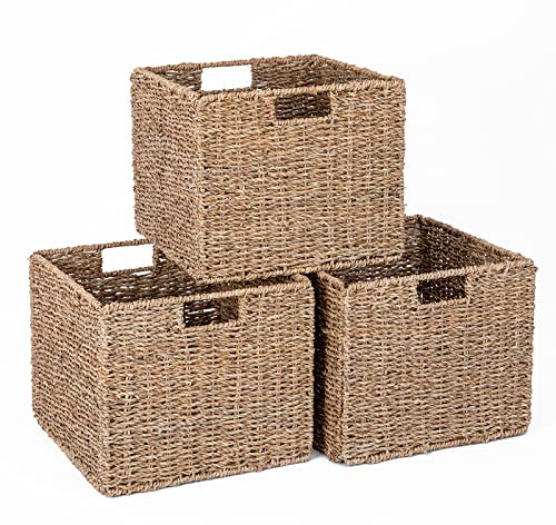 3er-Set Kallax Expedit Regal Korb/Kallax Korb Geflochten / 30,5 x 30,5 x 25,5H cm/Seegras Regalkorb/Faltkorb Flechtkorb/Regalbox Storage Box/Aufbewahrungskorb Regalkorb Faltbar