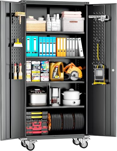 INTERGREAT Metal Storage Cabinet with Wheels, 75 Garage Storage Cabinets with Door and 4 Shelves, Tool Storage Locker on Caster for Home, Office, Black