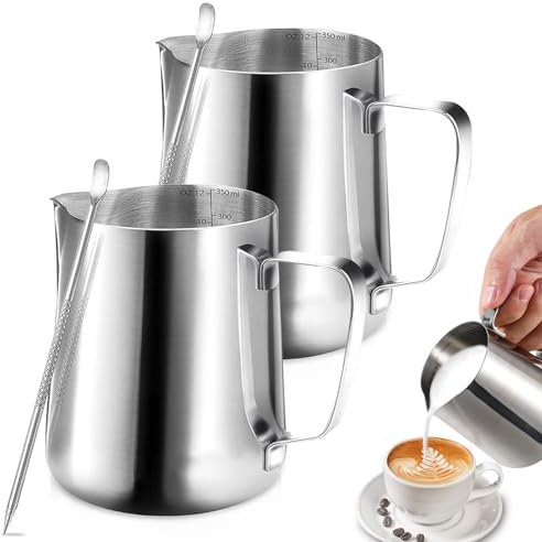 Omtofo 2 Stück Milchkännchen, 350ml Milchkännchen Edelstahl, Barista Milchkännchen mit Messung Mark und Latte Art Pen, für Espresso, Milchaufschäumer, Cappuccino Milchschau, Latte Art, Kaffeeliebhabe