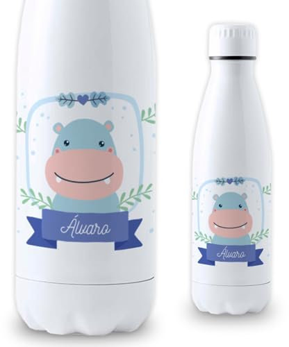 DEREGALOOS Botella Personalizada Animales Infantil | Botella de Agua Acero Inoxidable | Libre de BPA y Reutilizable | Botellas de Agua para Niños Escuela Colegio (HIPOPOTAMO, 700 ML)