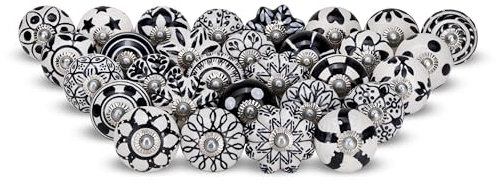 FURNISHFUL FINESSE Verschiedene schwarze Keramik-Schrankknöpfe für Schubladen, Küchenschränke, Schränke, Boho-Stil, mehrfarbig, dekorative Möbelbeschläge, Kommoden, Schubladen, 30er-Set