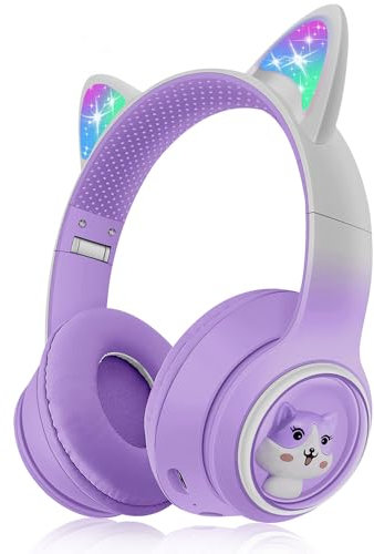 Woukksy Bluetooth Kopfhörer Kinder, Faltbar 85dB Mädchen Kopfhörer Over Ear, Kabellos Kinderkopfhörer mit LED-licht Katzenohren und Mikrofon für Schule/Tablet/Handy/PC (Lila)