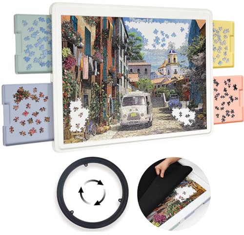 Playboda Drehbares Kunststoff-Puzzlebrett mit Schubladen und Abdeckung, 88,9 x 68,6 cm, tragbarer Puzzle-Tisch für Erwachsene, Lazy Susan drehende Puzzlebretter, mehrfarbig (Patentdesign), 1500 Teile