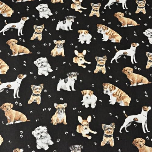 Textrend Baumwollstoff Meterware - Stoff zum Nähen - 100% Baumwolle - Textilien 1x1.6m - Stoffe Meterware - Katzen und Hunde Muster (Beige und weiße Hunde auf schwarzem Hintergrund)