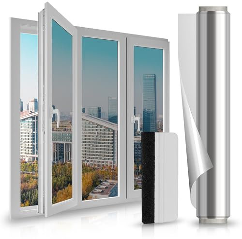 LULUETPUE Einweg-Fensterfolie, Sichtschutz, statische Haftung, tagsüber Sonnenschutz, Anti-UV-reflektierend, für Zuhause und Büro, silberfarben (90 x 300 cm)