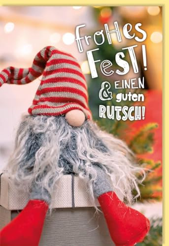 Skorpion Weihnachtsgrußkarte - Wichtel-Mützen-Design Frohes Fest & Guten Rutsch, Rot-Weiß, Perfekt für festliche Grüße und Winterdekoration - mit Umschlag