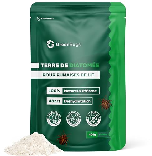 GREENBUGS Terra di Diatomee Pura - 400g di Polvere Non Calcinate e Amorfe contro Cimici dei Letti - 100% Naturale e Non Tossica - Alta Purezza Prodotta in Francia