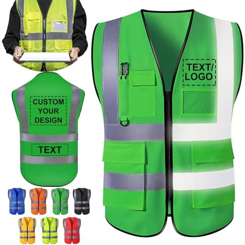 ShAxzHen Sicherheitsweste für Herren und Damen, mit Logotaschen, personalisierbar, hohe Sichtbarkeit, schützende Arbeitskleidung mit reflektierenden Streifen, grün, XXL