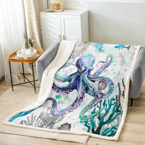 Homemissing Oktopus Decke 150x200cm Ozean Kraken Kuscheldecke für Kinder Jungen Mädchen Oktopus Tentacles Wohndecke Nautische Flanell Fleecedecke Schlafzimmer Sammlung für Sofa