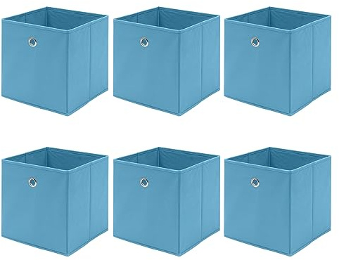 Homullel Cube Storage Unit Box Set of 6, Fabric Storage Box Insert Organizer for Shelves Unit, Closets, 26.5x26.5x28 cm, Blue Eyelet