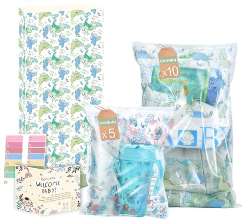 OKONKN 15 bustine corredino neonato ospedale (10 Grandi e 5 Piccole)-Sacchetti Cambio Neonato Ospedale Riutilizzabili per Asilo e Viaggi - Idea Regalo per Future Mamme (Dinosauro/Flamingo)