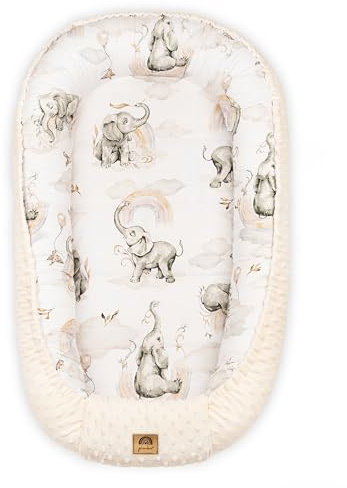 PIMKO Minky Babynestchen für Baby 2 seitig Babynest für Baby Kuschelnest Babykokon für Säuglinge und Neugeborene Baby Nest - beige Elefanten mit Klappe