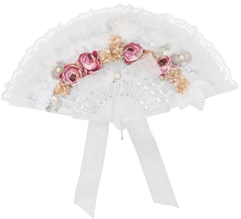 GREENADSCAPE Holding Fan Elegant Fan Embroidered Bridal Hand Fan Folding Fan Bride Folding Lace Fan Lace Fan Prop Wedding Decoration Wedding Party Fan Lace Trim Handmade Fan Plastic White